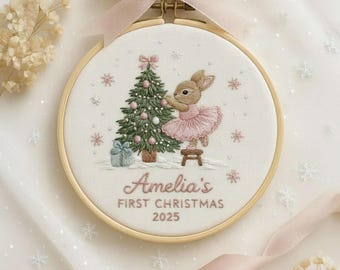 Bunny Baby's First Christmas Embroidered Ornament, Personalized Handmade Holiday Decor, New Baby Ornament, Baby Shower Gift