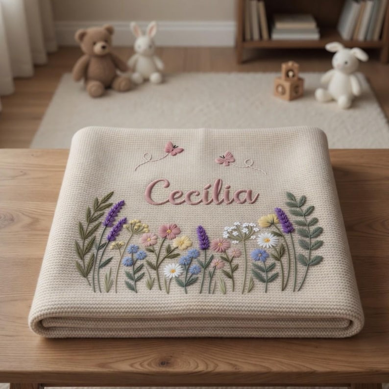 May include: A folded beige baby blanket embroidered with the name "Cecilia" in pink script. The blanket features a floral design with lavender, pink, yellow, and blue flowers. Two butterflies are embroidered above the name.