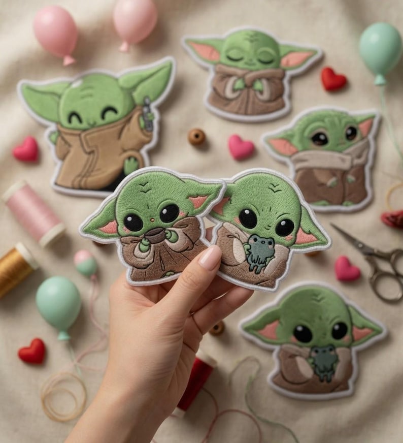 May include: A collection of embroidered patches depicting a green alien character in a brown cloak. The patches are surrounded by sewing supplies, heart-shaped buttons, and balloons. The character is holding a cup, a frog, and a small device.