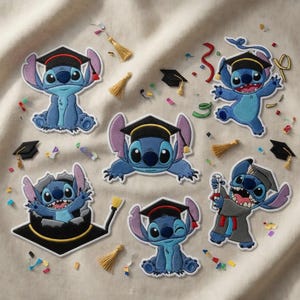May include: A collection of embroidered patches featuring the character Stitch from Lilo & Stitch. Each patch depicts Stitch in a graduation cap and gown, with various poses and celebratory confetti. The patches are primarily blue, with black and gold accents.