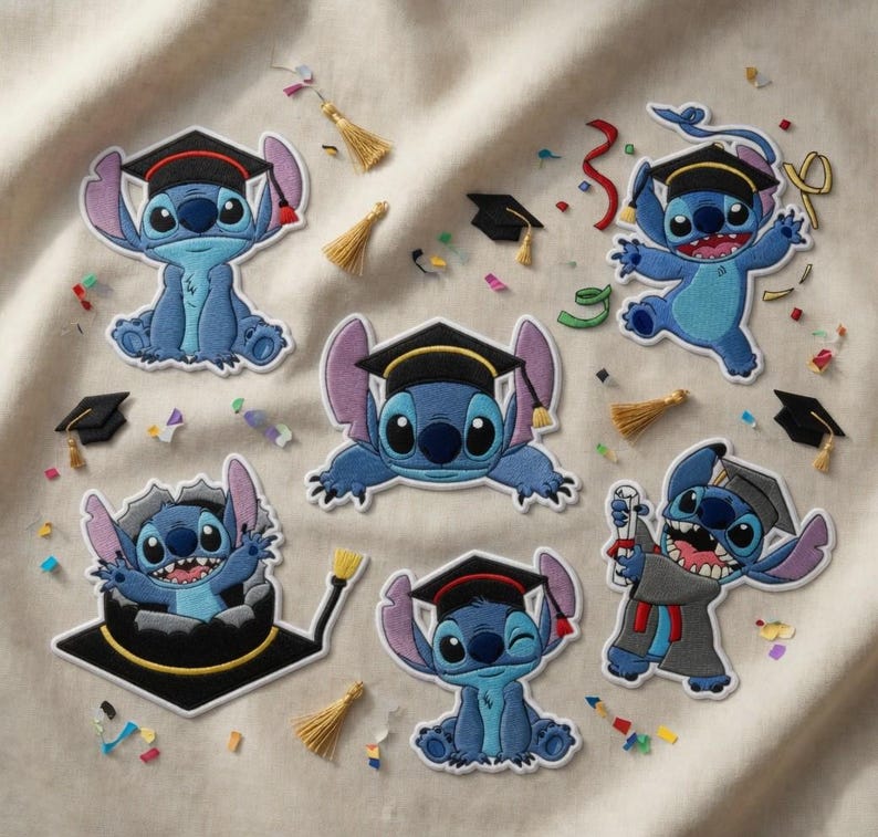 May include: A collection of embroidered patches featuring the character Stitch from Lilo & Stitch. Each patch depicts Stitch in a graduation cap and gown, with various poses and celebratory confetti. The patches are primarily blue, with black and gold accents.