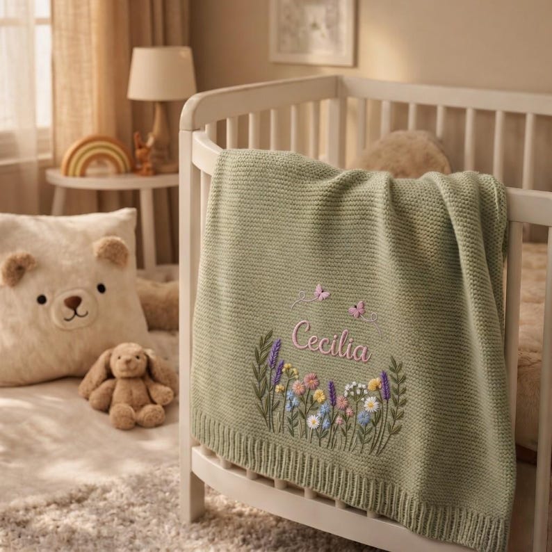 May include: A sage green baby blanket with the name "Cecilia" embroidered in pink script, along with floral and butterfly accents. The blanket is draped over a white crib, with a teddy bear pillow and stuffed bunny nearby.