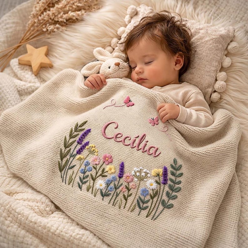 May include: A sleeping baby is wrapped in a cream-colored blanket embroidered with colorful flowers and the name "Cecilia" in pink. A small stuffed bunny and a decorative pillow are also visible.