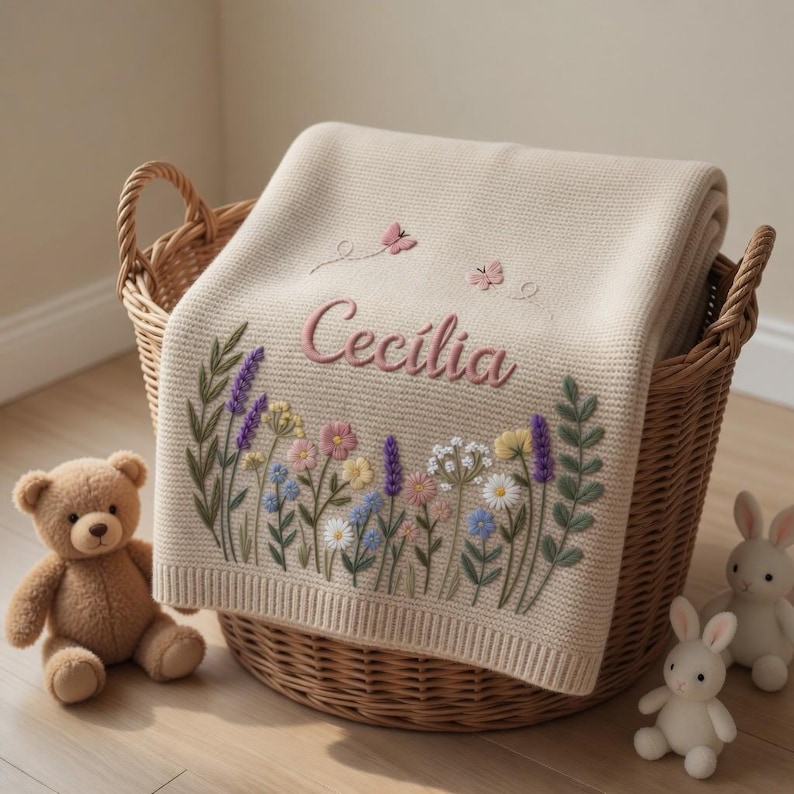 May include: A beige knitted baby blanket with the name "Cecilia" embroidered in pink, along with floral and butterfly designs. The blanket is displayed in a wicker basket, with a teddy bear and two toy bunnies nearby.
