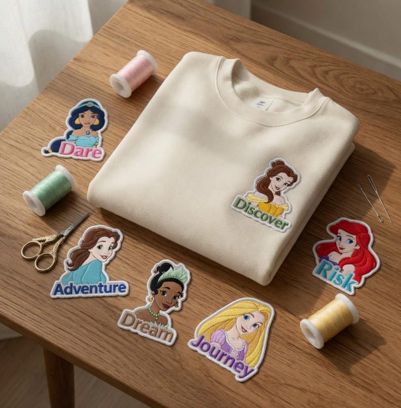 May include: Cream-colored sweatshirt with embroidered patches featuring Disney princesses and inspirational words. Patches include Jasmine, Belle, Ariel, and Rapunzel. Sewing supplies like thread, scissors, and needles are arranged around the sweatshirt on a wooden surface.