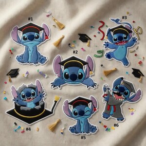 May include: Embroidered patches featuring the character Stitch in graduation attire. The patches are in various poses, wearing graduation caps and gowns, with colorful confetti and tassels scattered around. The patches are in shades of blue, black, and gold.