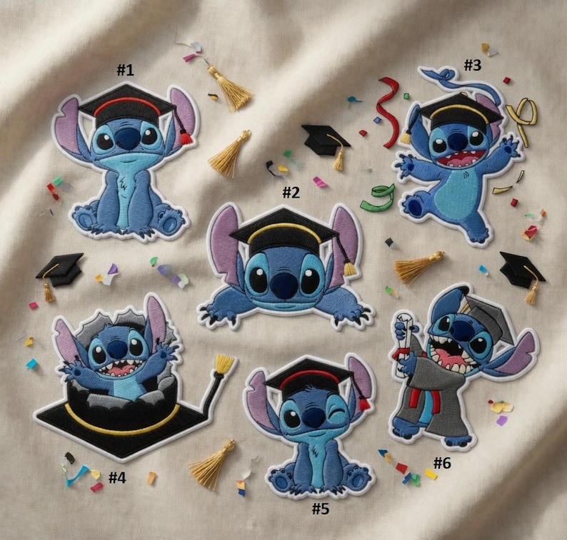May include: Embroidered patches featuring the character Stitch in graduation attire. The patches are in various poses, wearing graduation caps and gowns, with colorful confetti and tassels scattered around. The patches are in shades of blue, black, and gold.