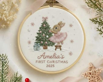 Bunny Baby's First Christmas Embroidered Ornament, Personalized Handmade Holiday Decor, New Baby Ornament, Baby Shower Gift