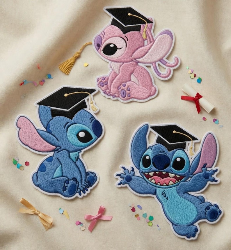 May include: Embroidered patches featuring Stitch and Angel characters wearing graduation caps. The patches are in shades of blue and pink, with black caps and gold tassels. Confetti and a rolled diploma with a red ribbon are also present.