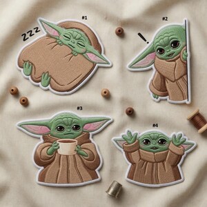 May include: Set of four embroidered patches featuring a green alien character in various poses. One patch shows the character sleeping, another peeking, a third holding a cup, and the last with arms raised. Each patch has a white border.