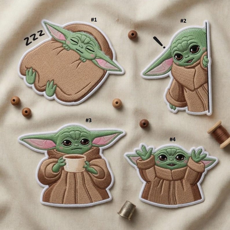 May include: Set of four embroidered patches featuring a green alien character in various poses. One patch shows the character sleeping, another peeking, a third holding a cup, and the last with arms raised. Each patch has a white border.