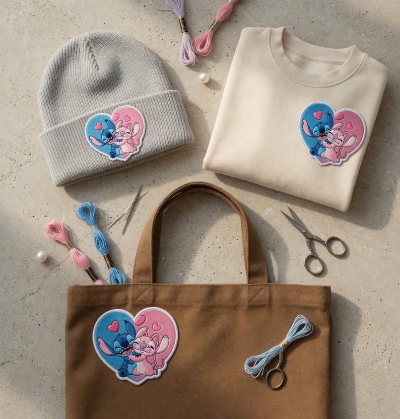 May include: A light gray beanie, cream-colored sweatshirt, and brown tote bag, each adorned with a heart-shaped patch featuring blue and pink cartoon characters. Embroidery floss, needles, and scissors are also present.