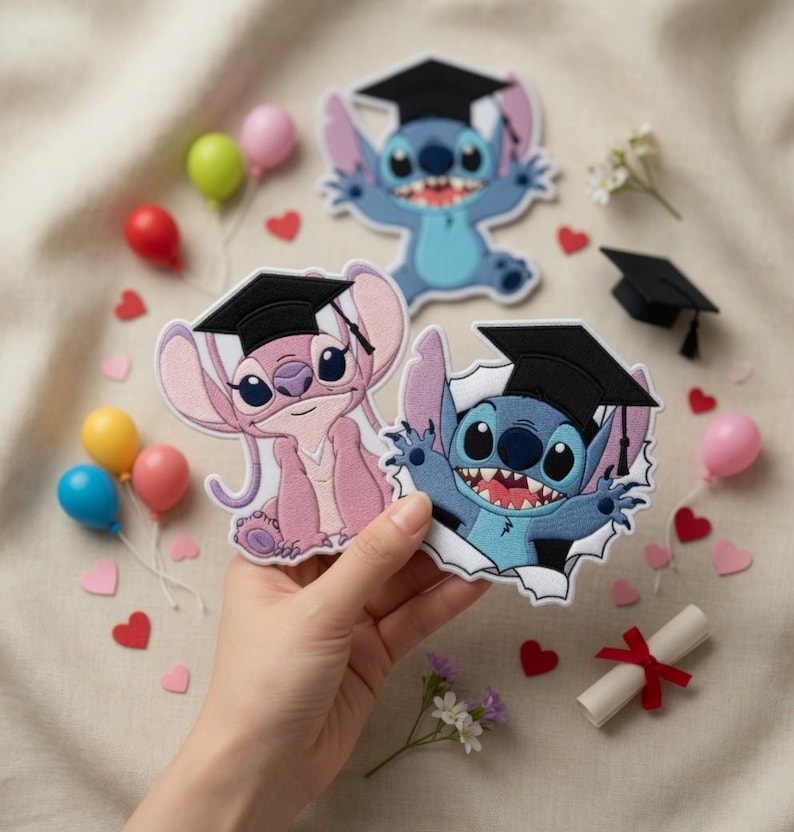 May include: Three embroidered patches featuring the characters Stitch and Angel from Lilo & Stitch, wearing graduation caps. The patches are blue and pink, with black caps. Decorative elements include miniature balloons, hearts, and a rolled diploma.