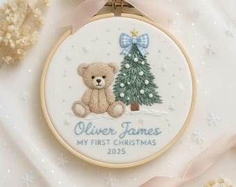 Bear Baby's First Christmas Embroidered Ornament, Personalized Handmade Holiday Decor, Baby Boy Ornament, Baby Shower Gift