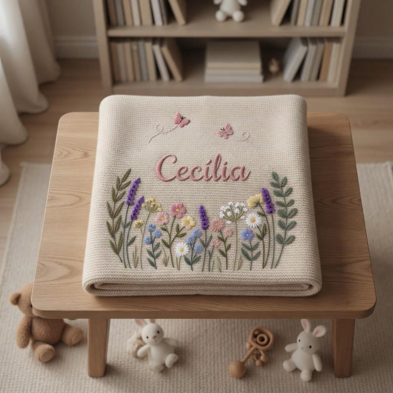 May include: A beige baby blanket with the name "Cec&iacute;lia" embroidered in pink, along with floral and butterfly designs. The blanket is folded on a small wooden table, surrounded by stuffed animals and a wooden rattle.