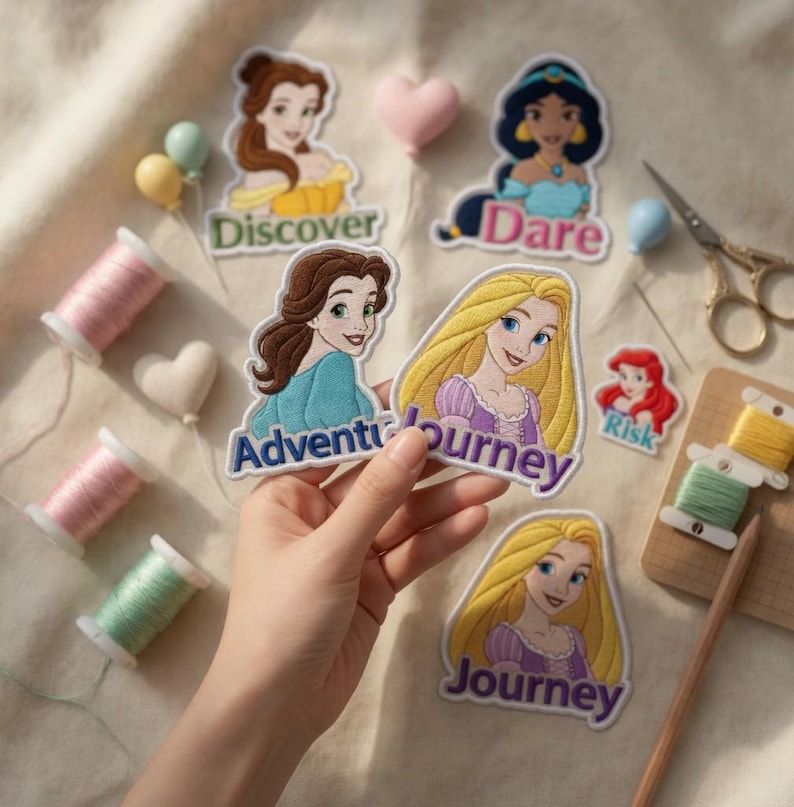 May include: Embroidered patches featuring Disney princesses, including Belle, Jasmine, and Rapunzel. Each patch has a unique design and text, such as "Discover," "Dare," and "Journey." The patches are colorful and detailed, with a white border. Other items include spools of thread and small decorative items.