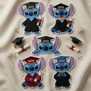 May include: Embroidered patches featuring the character Stitch in graduation attire. Each patch has a graduation cap with "2026" on it, and some hold diplomas. The patches are blue, black, and red.
