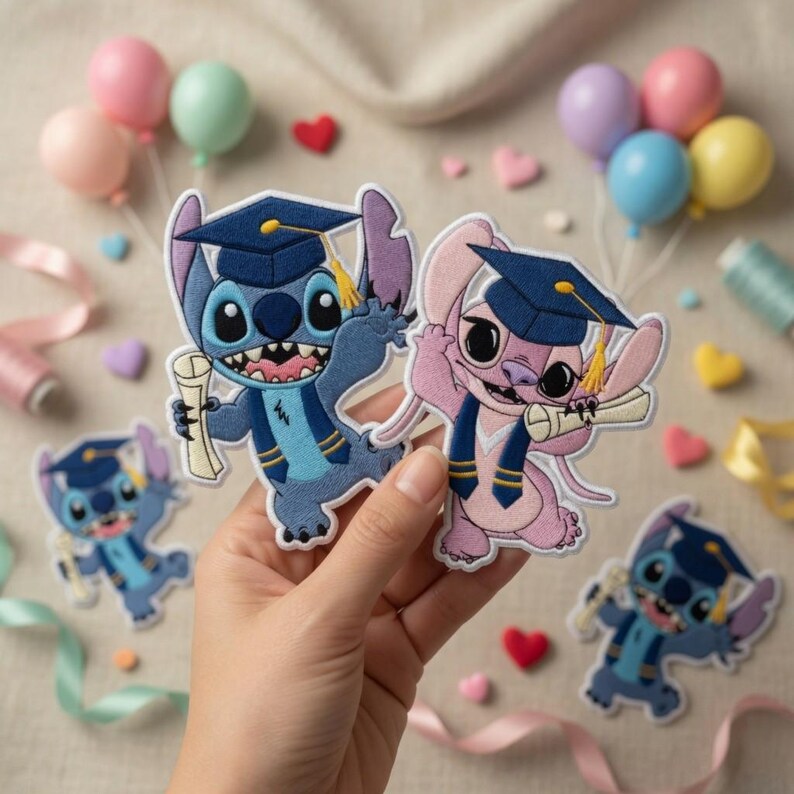 May include: Embroidered patches featuring Stitch and Angel from Lilo & Stitch, dressed in graduation attire. The patches are blue and pink, holding diplomas, and wearing graduation caps and gowns. Decorative balloons and hearts are in the background.