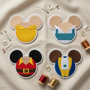 Parches bordados de la cabeza de Mickey de La Bella y la Bestia de Disney, parche termoadhesivo de Bella, Gastón y la Bestia, regalo de Disney, parche para chaqueta o mochila.