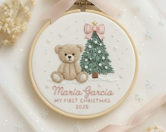 Bear Baby's First Christmas Embroidered Ornament, Personalized Handmade Holiday Decor, Baby Girl Ornament, Baby Shower Gift