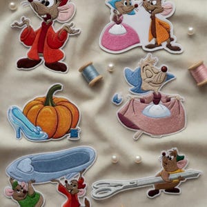 Conjunto de parches bordados de Cenicienta y Ratón - Parche termoadhesivo de Jaq Gus, Hada Madrina, Calabaza y Zapatilla de Cristal, Regalo Disney, Parche para chaqueta o mochila