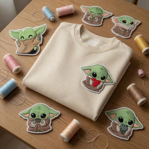 May include: A cream-coloured sweatshirt with a Baby Yoda patch and several embroidered patches of the same character. The patches are green, brown, and white. Spools of thread in various colours are scattered around the sweatshirt on a wooden surface.