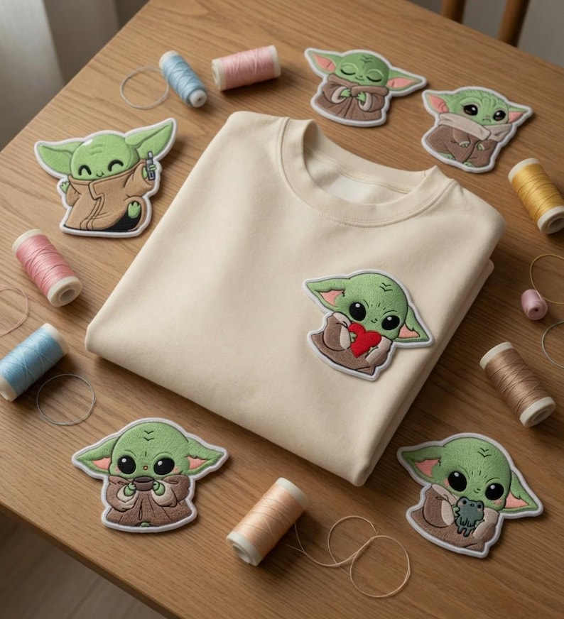 May include: A cream-coloured sweatshirt with a Baby Yoda patch and several embroidered patches of the same character. The patches are green, brown, and white. Spools of thread in various colours are scattered around the sweatshirt on a wooden surface.