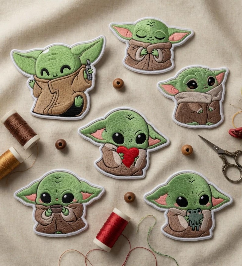 May include: Embroidered patches of a green alien character in different poses. The patches show the character holding a small device, a red heart, and a frog. Sewing supplies, including thread spools and wooden beads, surround the patches.