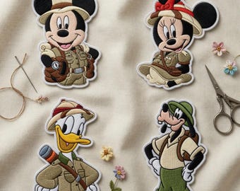 Set 4 Disney Mickey Safari Forscher Gestickte Aufnäher - Mickey Minnie Donald Goofy Aufnäher zum Aufbügeln, Disney Geschenk, Jacke, Rucksack Aufnäher