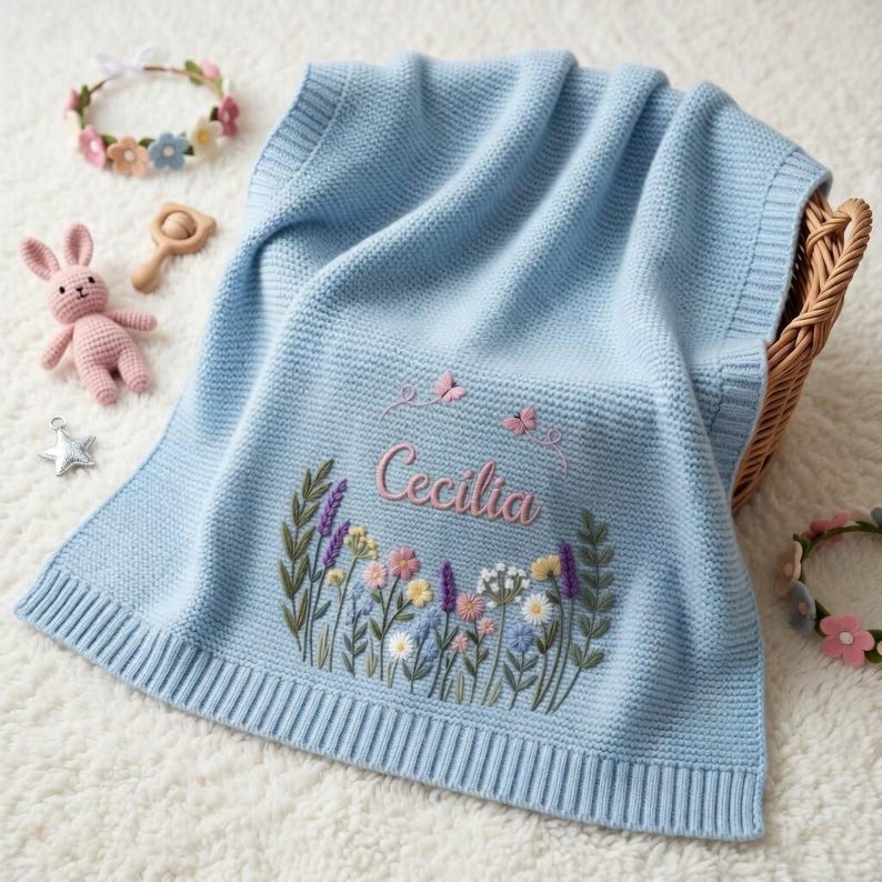 May include: A light blue baby blanket with the name "Cecilia" embroidered in pink, surrounded by a floral design. The blanket is folded in a wicker basket, with a pink crochet bunny, a wooden rattle, and a floral crown nearby.