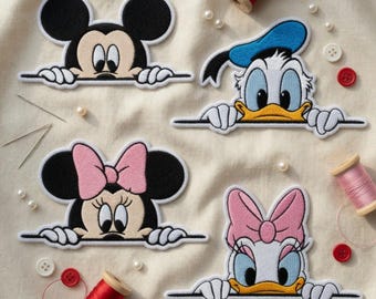 Disney Mickey & Friends Peeking Embroidered Patch - Set of 4 Mickey Minnie Donald Daisy Iron On Patches, Disney Gift, Jacket Backpack Patch