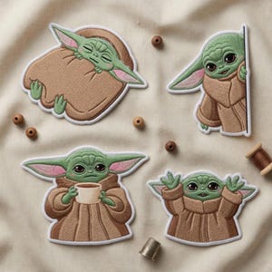 May include: Four embroidered patches featuring a green alien character with large ears and brown robes. One patch shows the character sleeping in a brown blanket. Other patches show the character peeking, holding a cup, and with arms raised.