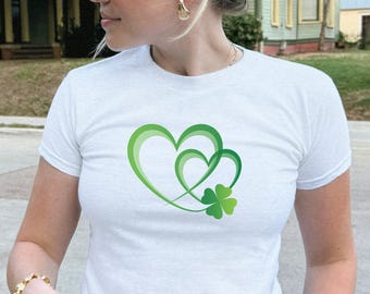 Shamrock Heart Baby Tee, Y2k Irish Shirt, Cute St Patricks Day Baby Tee, Women's St Paddy Outfit, Green Hearts Party T-Shirt