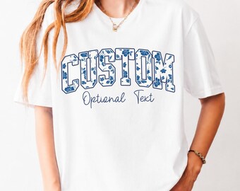 Custom Blue Floral Sweatshirt, Custom Text Hoodie, Personalized Toile Gift, Custom Name, Spirit Matching Sweatshirt, Gift For Her