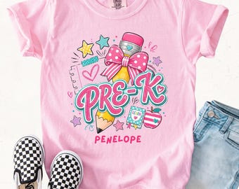 Comfort Colors® Pre-K Back To School Personalized Shirt, Bows and Pencils Girls Tee, First Day of School Shirt, Custom Kids T-Shirt