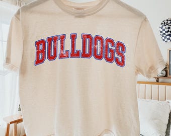 Comfort Colors® Bulldogs Boxy Tee, Retro Game Day Custom Shirt, Red Blue Bulldogs Team Shirt, Collegiate Mascot Crop Top, Sports Fan Shirt
