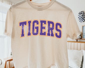 Comfort Colors® Tigers Boxy Tee, Retro Game Day Custom Shirt, Purple Orange Tigers Team Shirt, Collegiate Mascot Crop Top, Sports Fan Shirt