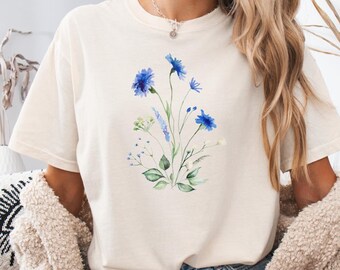 Comfort Colors® Blue Flower Bouquet Shirt, Flower Lover Shirt, Retro Floral Shirt, Flower Shirt, Plant Ladies Shirt, Gift for Nature Lover