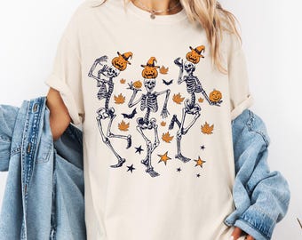 Comfort Colors® Pumpkin Skeleton Halloween Shirt, Dancing Skeleton Tee, Pumpkin Head T-Shirt, Spooky Season Shirt, Fall Halloween Tee