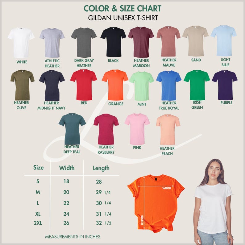 Pode incluir: Tabela de cores e tamanhos para camisetas unissex Gildan. A tabela mostra v&aacute;rias cores, incluindo branco, preto e vermelho. As medidas s&atilde;o em polegadas, com tamanhos de S a 2XL. A largura do tamanho S &eacute; de 45.7 cm e o comprimento &eacute; de 71.1 cm.