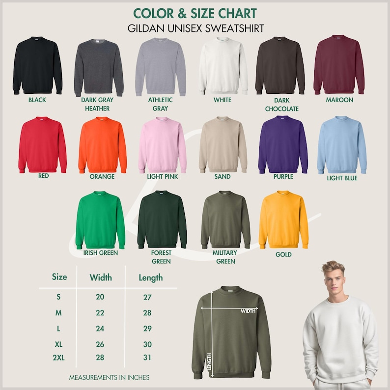 Pode incluir: Tabela de cores e tamanhos para camisolas unissexo Gildan. As cores dispon&iacute;veis incluem preto, cinzento escuro mesclado, cinzento atl&eacute;tico, branco, chocolate escuro, bord&ocirc;, vermelho, laranja, rosa claro, areia, roxo, azul claro, verde irland&ecirc;s, verde floresta, verde militar e dourado. Tamanhos de S a 2XL.