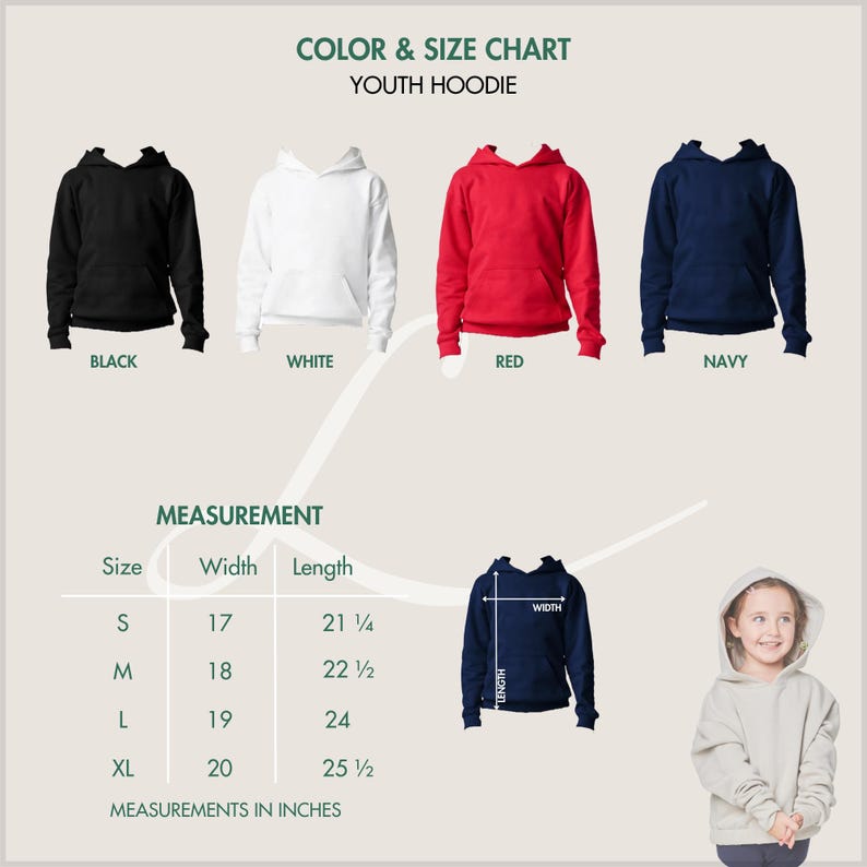 Pode incluir: Tabela de cores e tamanhos para hoodies juvenis. A imagem mostra hoodies pretos, brancos, vermelhos e azul marinho. As medidas s&atilde;o fornecidas em polegadas: largura de 17 a 20 polegadas e comprimento de 21 1/4 a 25 1/2 polegadas.