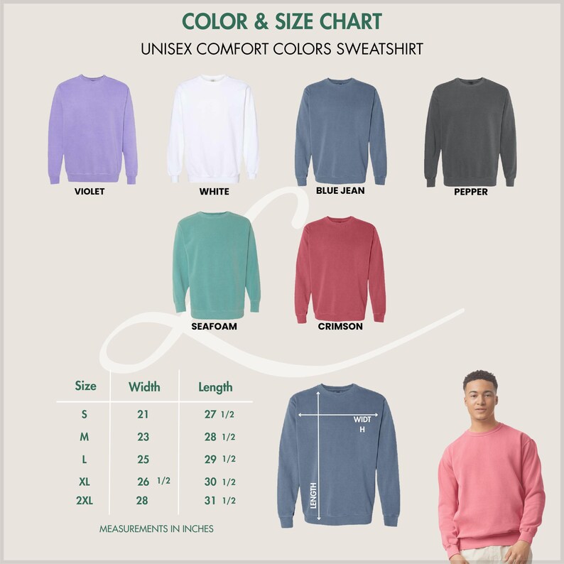K&ouml;nnte beinhalten: Farb- und Gr&ouml;&szlig;entabelle f&uuml;r Unisex-Sweatshirts in Komfortfarben. Die Tabelle zeigt Sweatshirts in Violett, Wei&szlig;, Blue Jean, Pfeffer, Seafoam und Crimson. Ma&szlig;e in cm sind f&uuml;r die Gr&ouml;&szlig;en S, M, L, XL und 2XL angegeben, mit einer Breite von 53,3 bis 71,1 cm und einer L&auml;nge von 69,9 bis 80 cm.