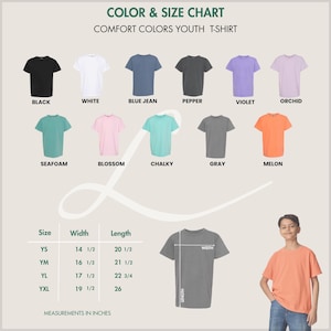 K&ouml;nnte beinhalten: Farb- und Gr&ouml;&szlig;entabelle f&uuml;r Comfort Colors Jugend-T-Shirts. Die Tabelle zeigt verschiedene T-Shirt-Farben, darunter Schwarz, Wei&szlig;, Blue Jean, Pfeffer, Violett, Orchidee, Meerschaum, Blossom, Kreide, Grau und Melone. Ma&szlig;e in Zoll.