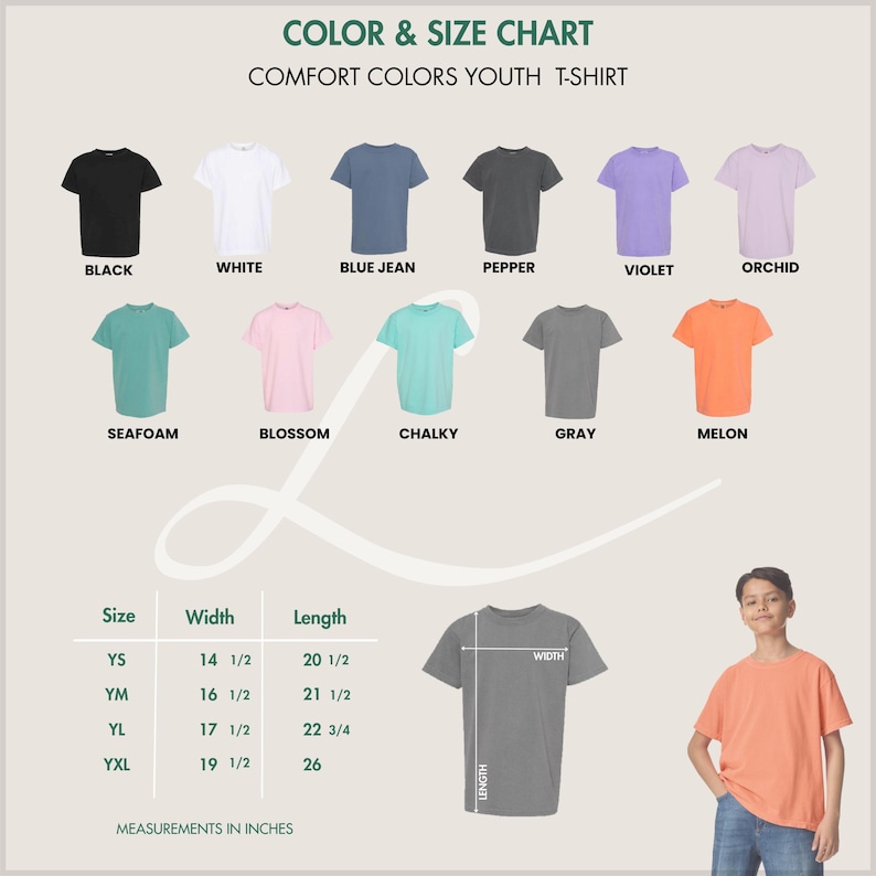 K&ouml;nnte beinhalten: Farb- und Gr&ouml;&szlig;entabelle f&uuml;r Comfort Colors Jugend-T-Shirts. Die Tabelle zeigt verschiedene T-Shirt-Farben, darunter Schwarz, Wei&szlig;, Blue Jean, Pfeffer, Violett, Orchidee, Meerschaum, Blossom, Kreide, Grau und Melone. Ma&szlig;e in Zoll.