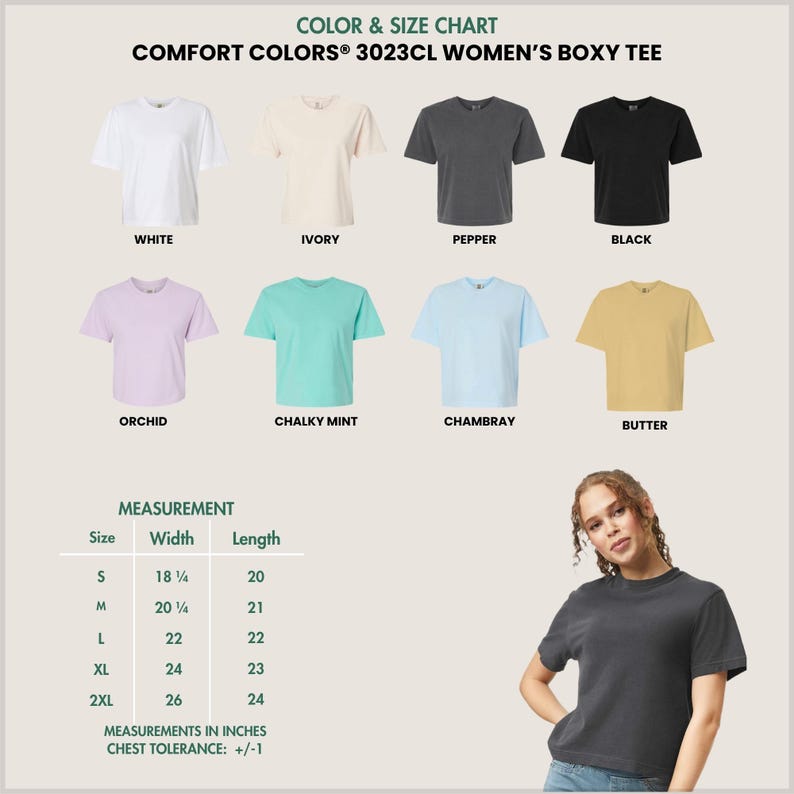 The image is a color and size chart for a women's boxy t-shirt, featuring various color options and corresponding measurements.