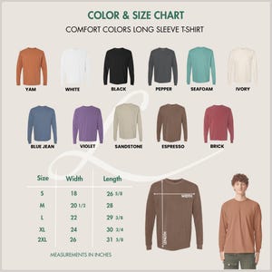 K&ouml;nnte beinhalten: Farb- und Gr&ouml;&szlig;entabelle f&uuml;r Comfort Colors Langarm-T-Shirts. Die Tabelle zeigt Farben wie Yam, Wei&szlig;, Schwarz, Pfeffer, Meerschaum und Elfenbein. Die Ma&szlig;e sind in Zoll angegeben, mit Breiten von 45.7 cm bis 66 cm und L&auml;ngen von 67.6 cm bis 80.3 cm.