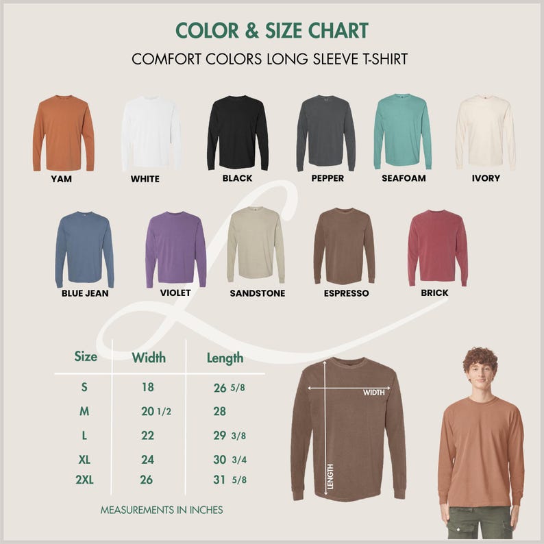 K&ouml;nnte beinhalten: Farb- und Gr&ouml;&szlig;entabelle f&uuml;r Comfort Colors Langarm-T-Shirts. Die Tabelle zeigt Farben wie Yam, Wei&szlig;, Schwarz, Pfeffer, Meerschaum und Elfenbein. Die Ma&szlig;e sind in Zoll angegeben, mit Breiten von 45.7 cm bis 66 cm und L&auml;ngen von 67.6 cm bis 80.3 cm.