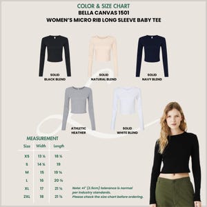 May include: A colour and size chart for a Bella Canvas 1501 Micro Rib Long Sleeve Baby Tee. The chart displays the shirt in black, natural, navy, athletic heather, and white. Measurements are in inches, with sizes XS to 2XL.