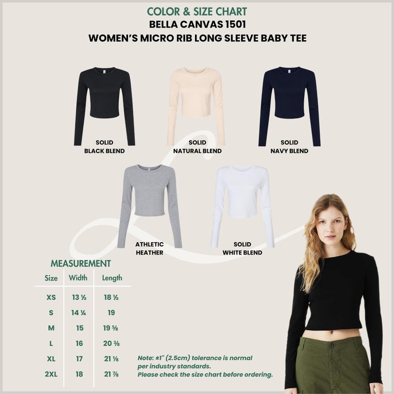 May include: A colour and size chart for a Bella Canvas 1501 Micro Rib Long Sleeve Baby Tee. The chart displays the shirt in black, natural, navy, athletic heather, and white. Measurements are in inches, with sizes XS to 2XL.